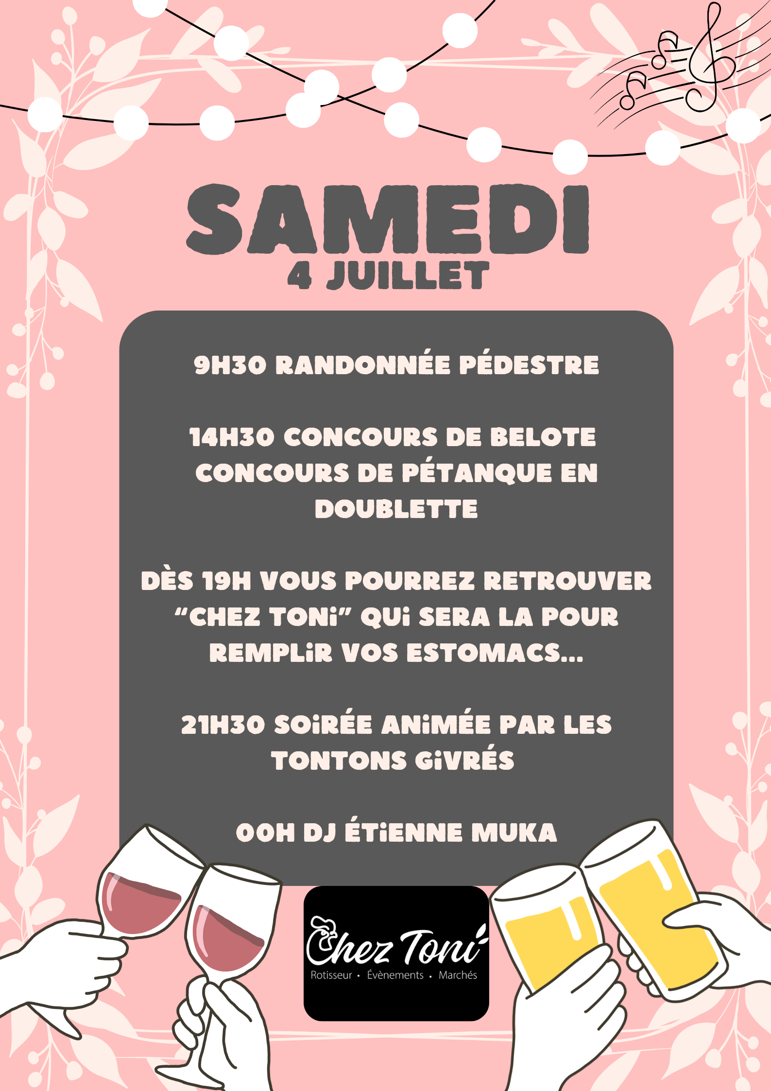 Affiche spécifique pour le programme de Samedi, rose avec des dessins de verres, reprenant les infos de l'événement : Fête locale de Montjoire